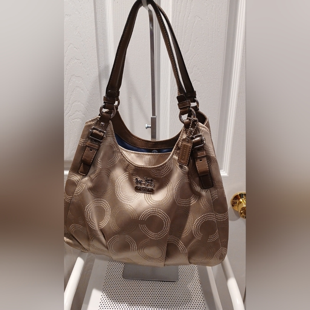 Coach Beige Signature Shoulder Bag with Brown Trim